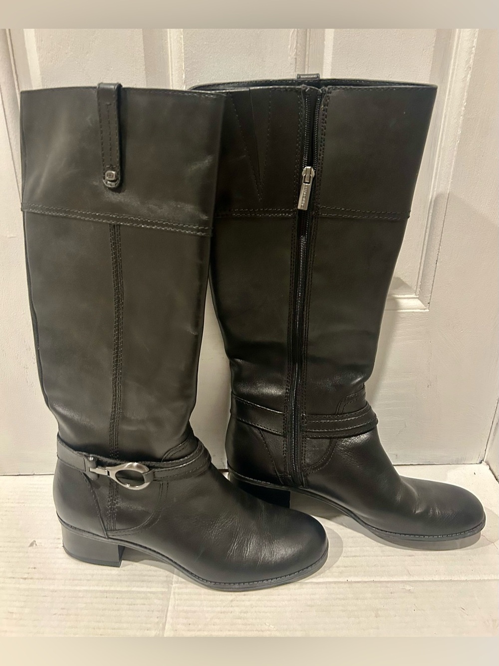 Bandolino Black Leather Mid-Calf Riding Boots with Harness Detail